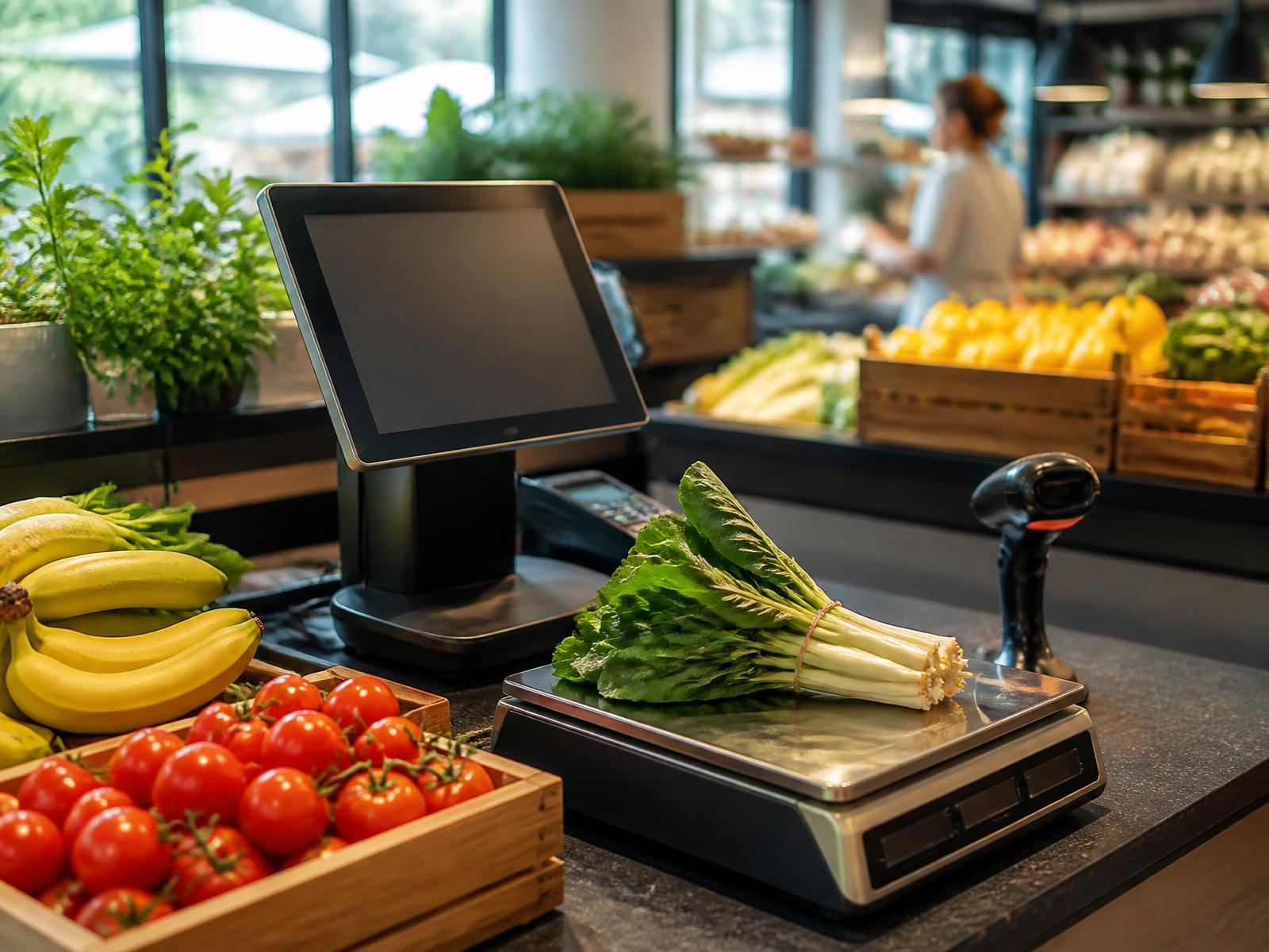 Grocery store counter with a WECOMM POS terminal, weighing scale, barcode scanner and fresh produce