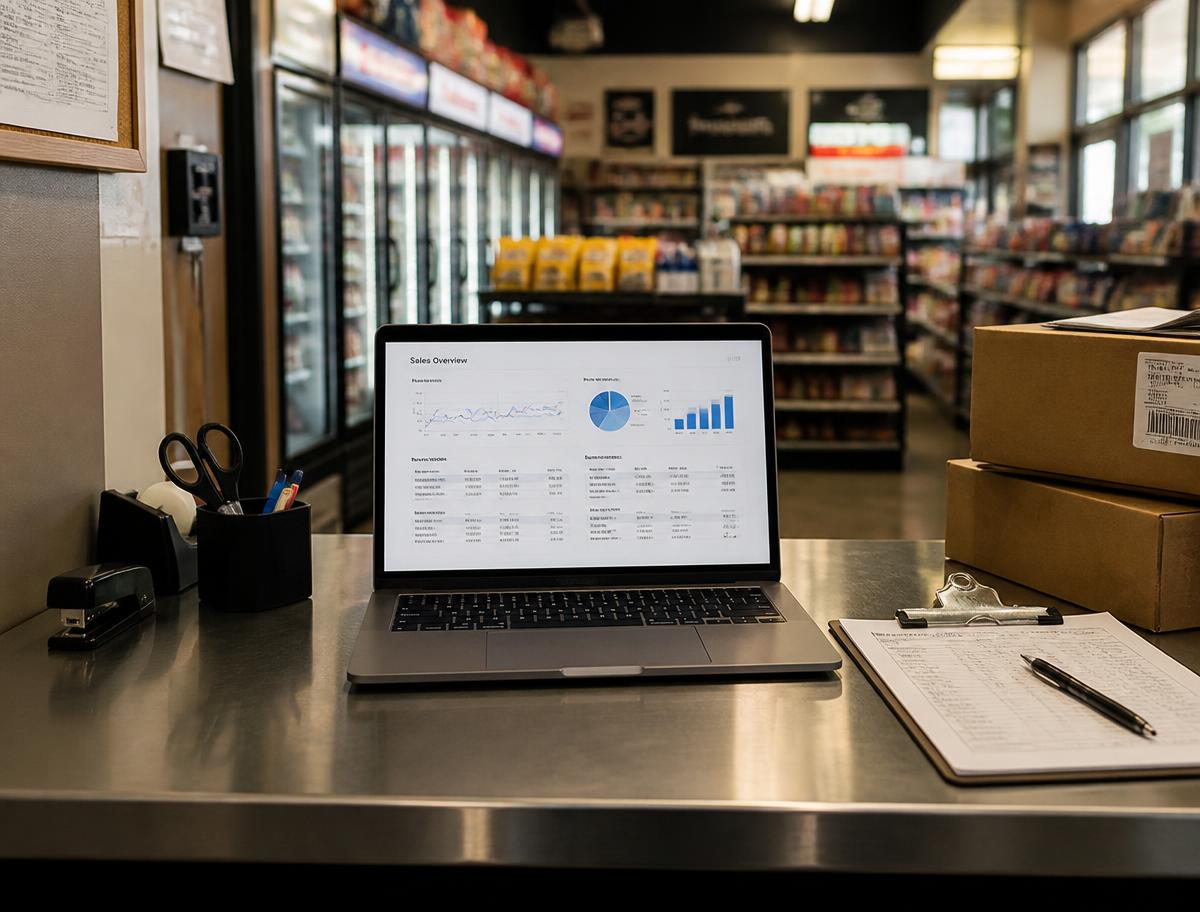 Convenience store back office counter with a laptop showing a simple sales overview