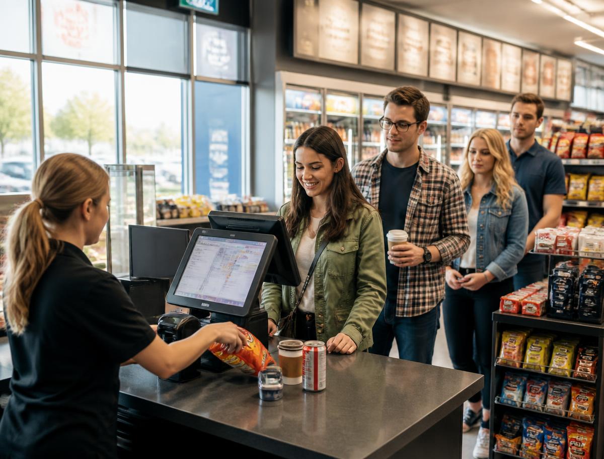 Cashier scanning a snack for a customer while a short queue waits at a convenience store counter