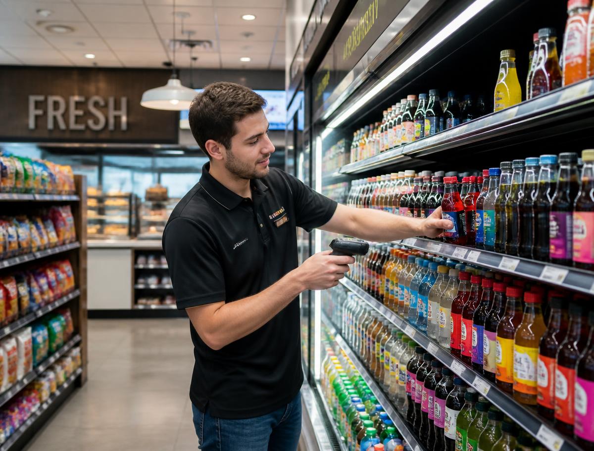 Stocked grocery shelves in a retail store