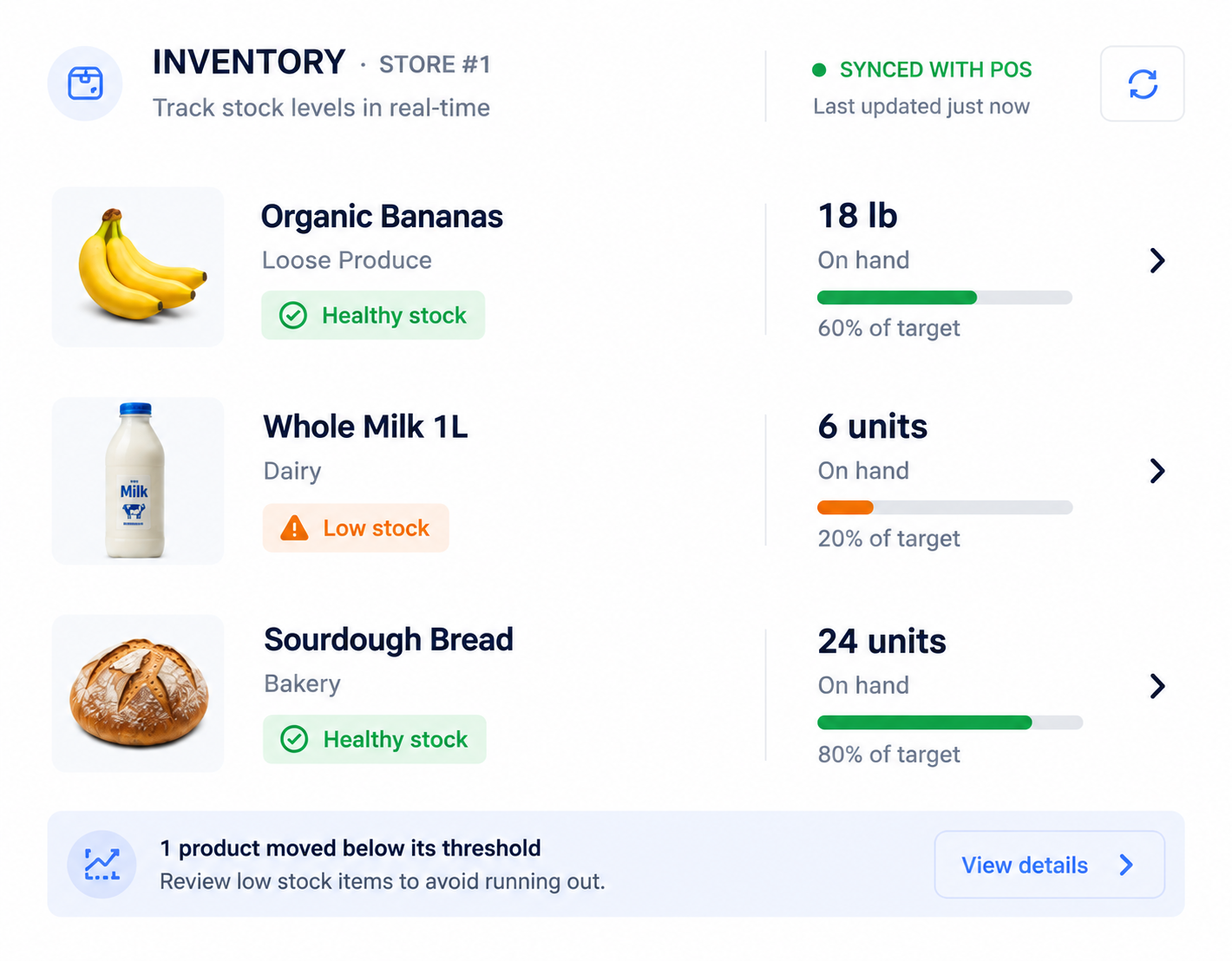WECOMM inventory screen for Store #1 showing stock levels for organic bananas, whole milk 1L and sourdough bread, with a low stock alert on milk