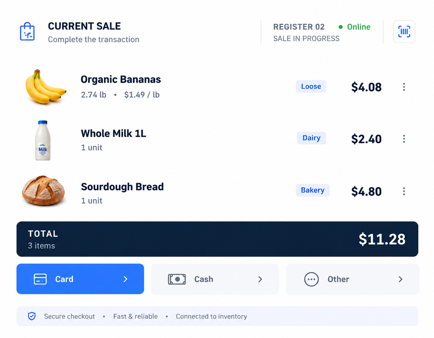 WECOMM POS current sale screen with organic bananas at 2.74 lb, whole milk 1L and sourdough bread totalling $11.28