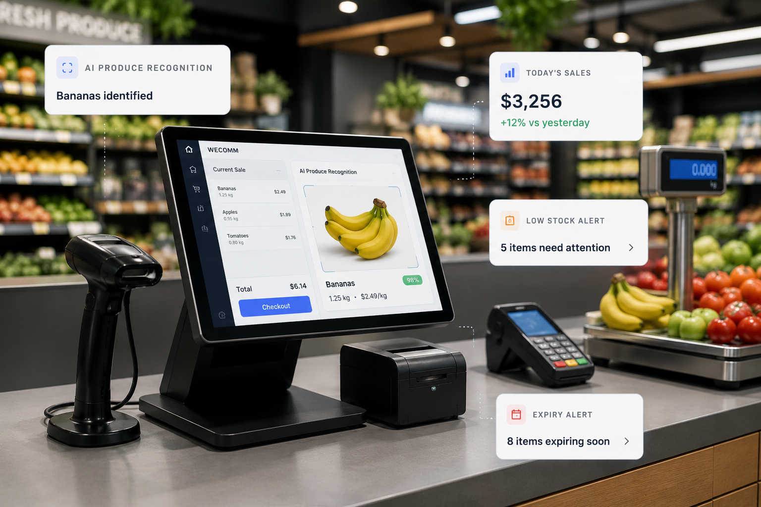 WECOMM POS terminal at a grocery checkout counter with AI produce recognition, sales, low stock and expiry insights