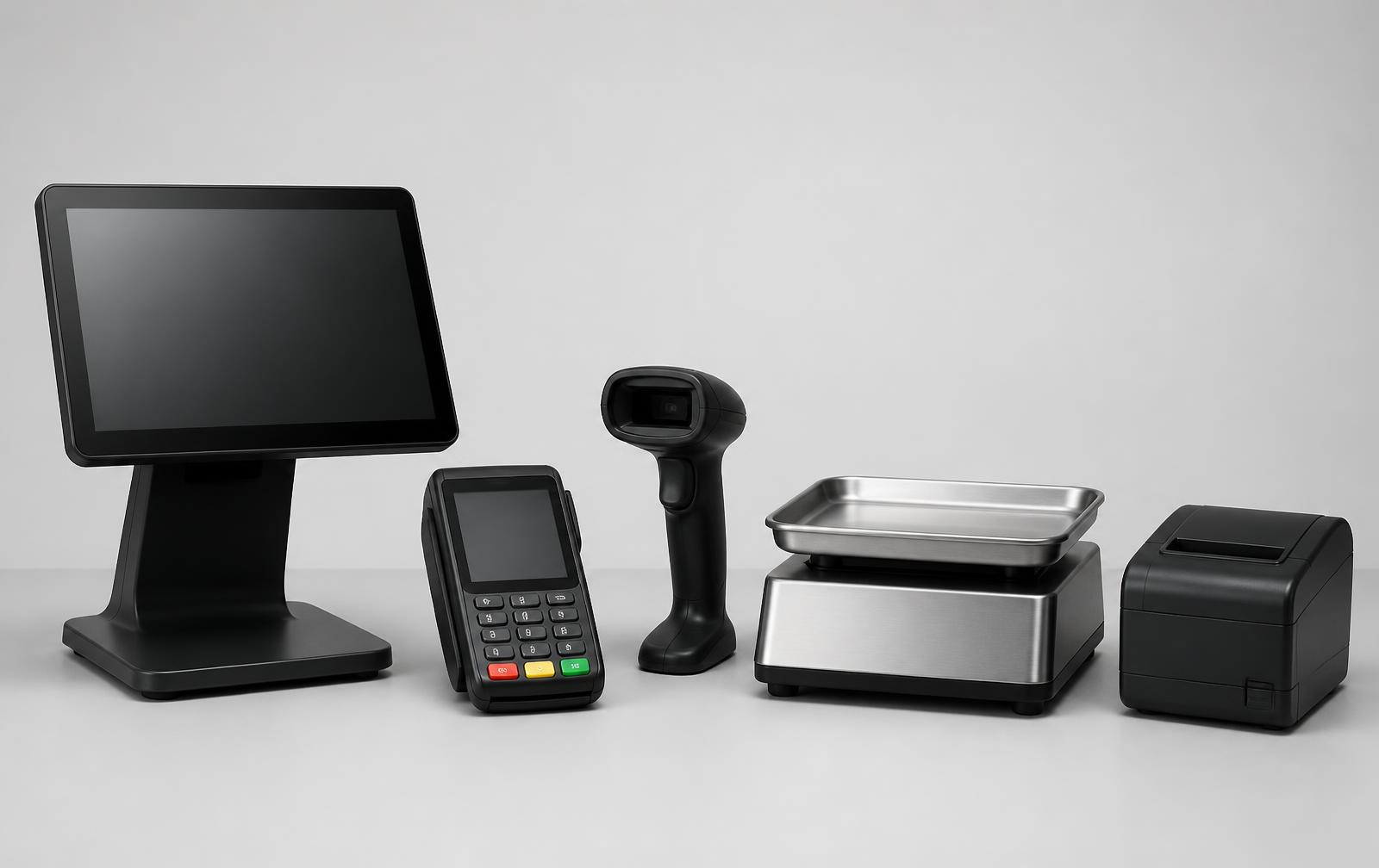 Retail hardware lineup including a POS terminal, scanner, scale, payment terminal and receipt printer
