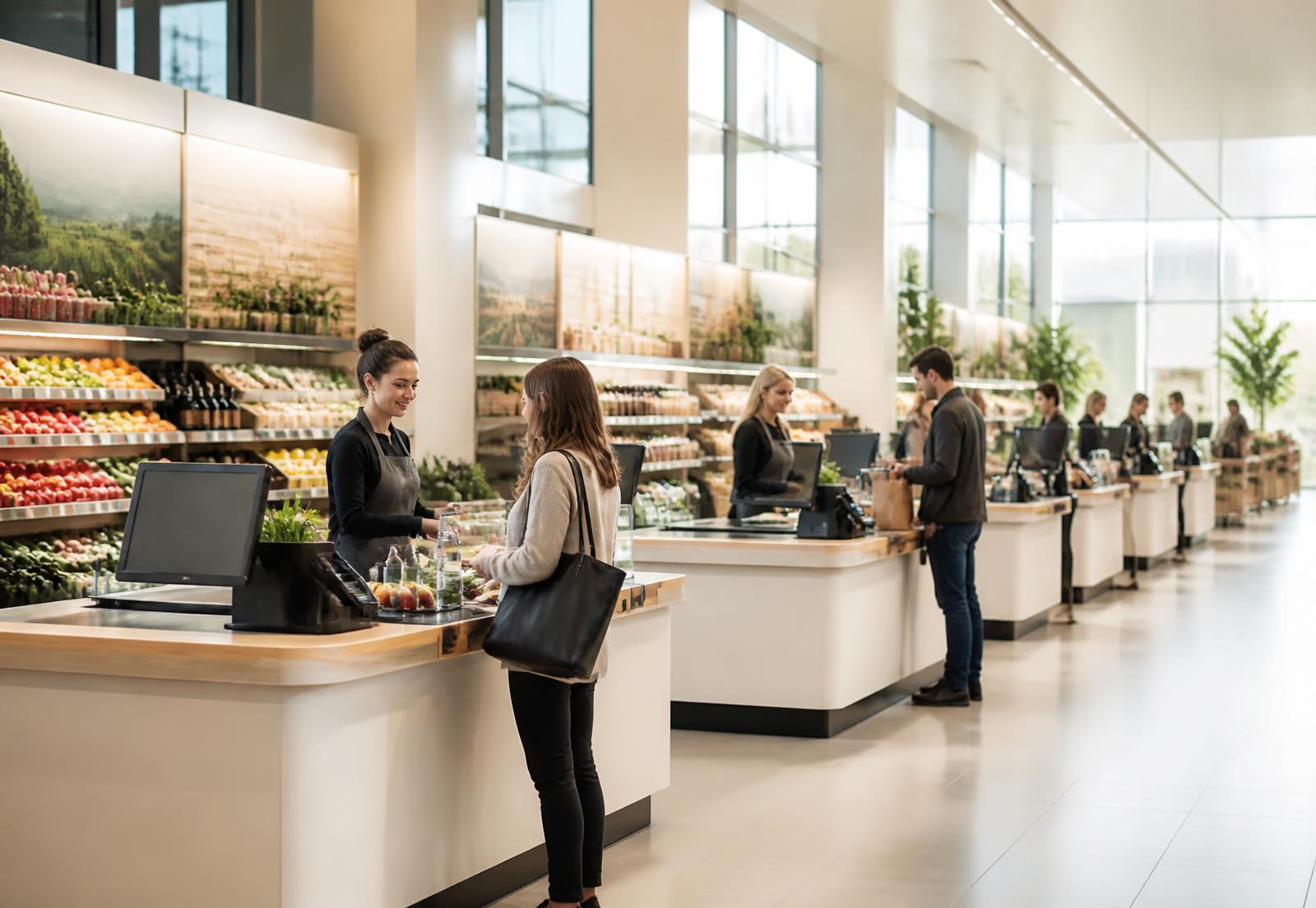 Multi-lane checkout area in a modern supermarket