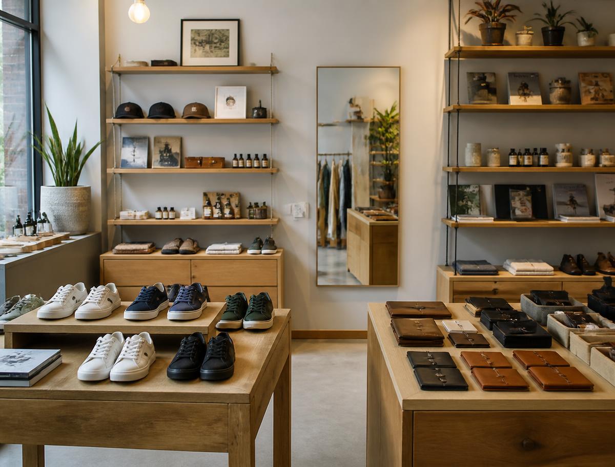 Specialty retail displays of sneakers, leather wallets and curated home goods